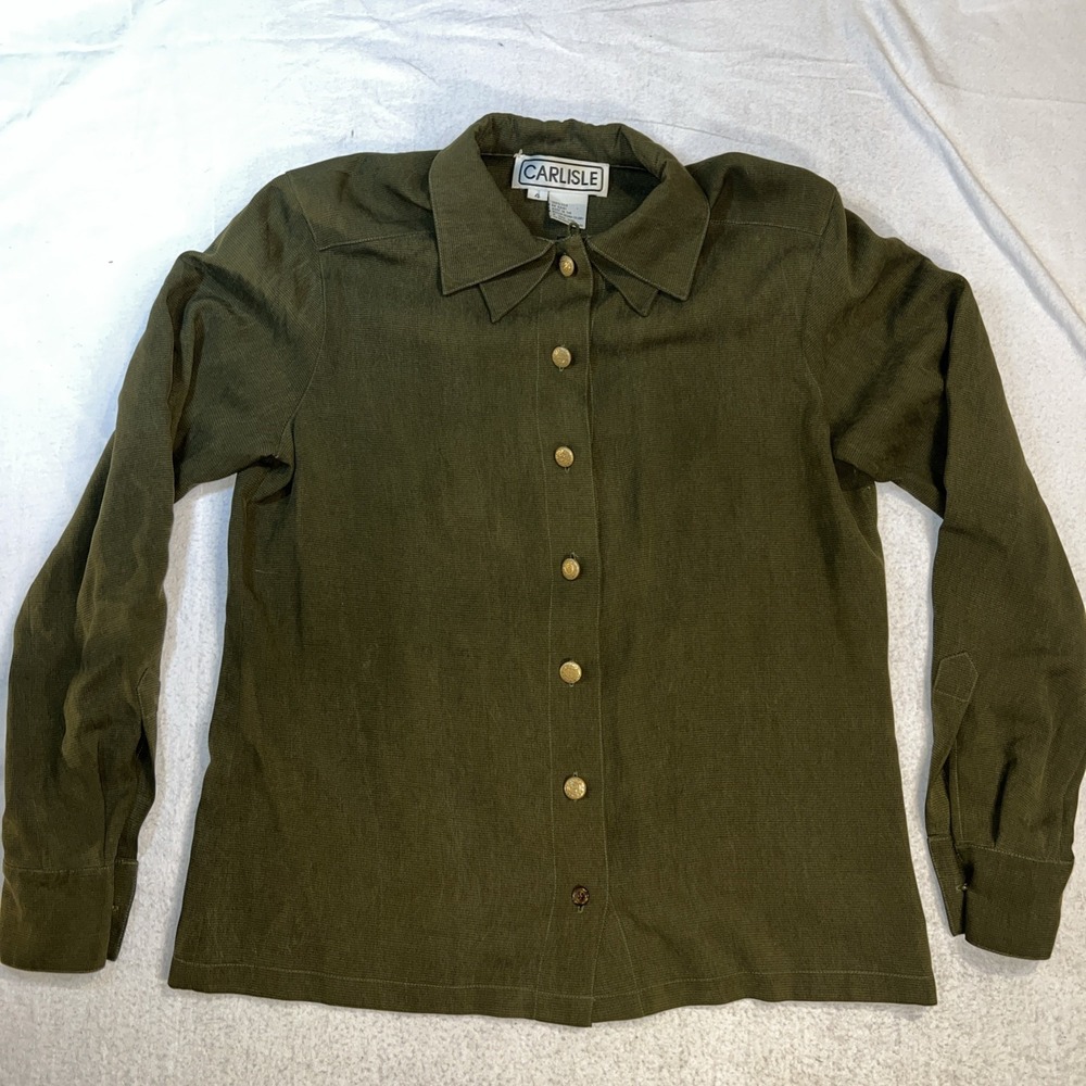 Vintage Carlisle 100% Silk Olive Green Blouse Gold Buttons Classic Old Money 90s